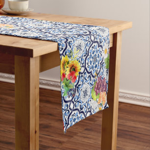 Blue Ornate Floral Fruity Berries Sicilian Tiles Short Table Runner