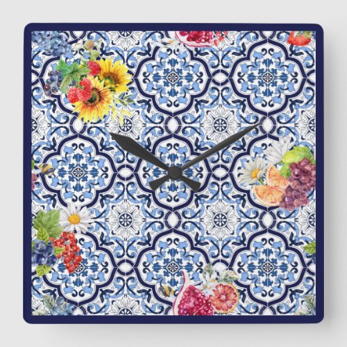 Blue Ornate Floral Fruity Berries Sicilian Tiles Square Wall Clock