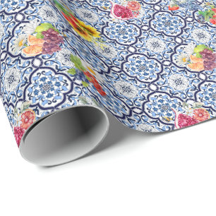 Blue Ornate Floral Fruity Berries Sicilian Tiles Wrapping Paper