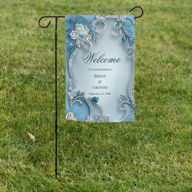 Blue Ornate Floral Garden Flag (In SItu)