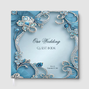 Blue Ornate Floral Guest Book