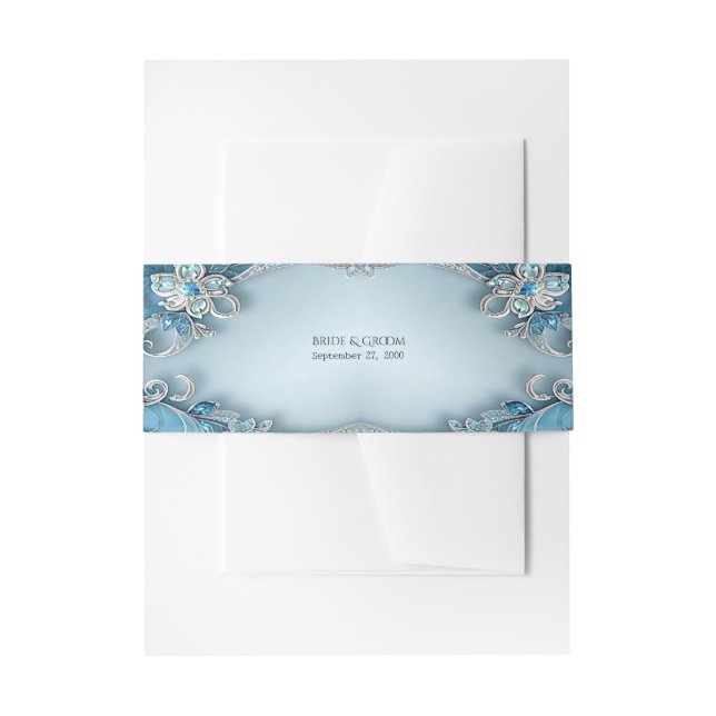 Blue Ornate Floral Invitation Belly Band (Front Example)