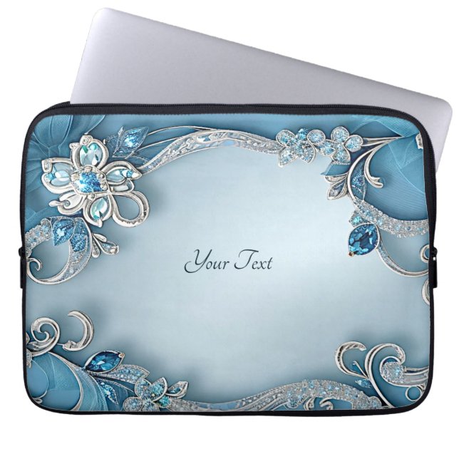 Blue Ornate Floral Laptop Sleeve (Front)