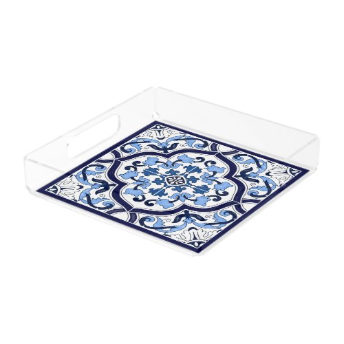  Blue Ornate Floral Mediterranean Sicilian Tile Acrylic Tray