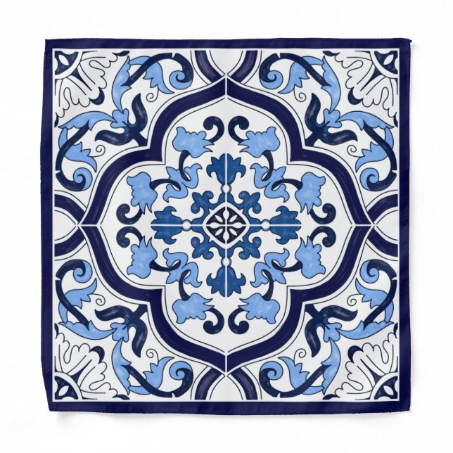 Blue Ornate Floral Mediterranean Sicilian Tile Bandana (Front)