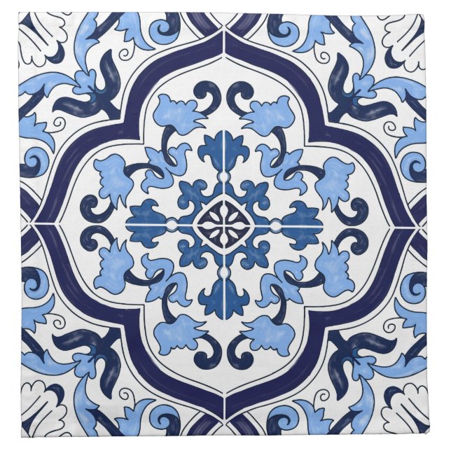  Blue Ornate Floral Mediterranean Sicilian Tile Cloth Napkin (Front)