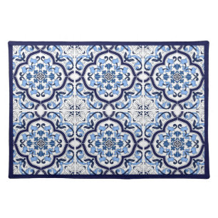 Blue Ornate Floral Mediterranean Sicilian Tile Cloth Placemat