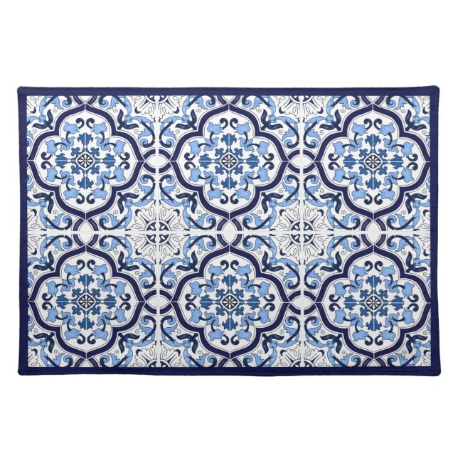  Blue Ornate Floral Mediterranean Sicilian Tile Cloth Placemat (Front)