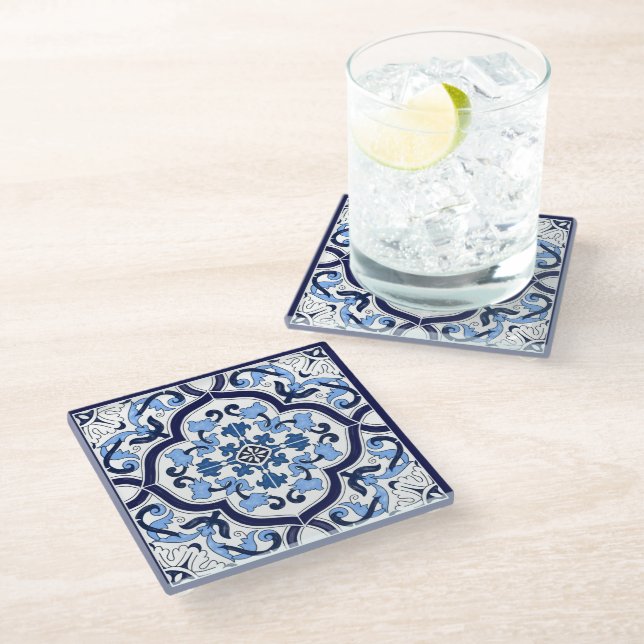  Blue Ornate Floral Mediterranean Sicilian Tile Glass Coaster (Angled)