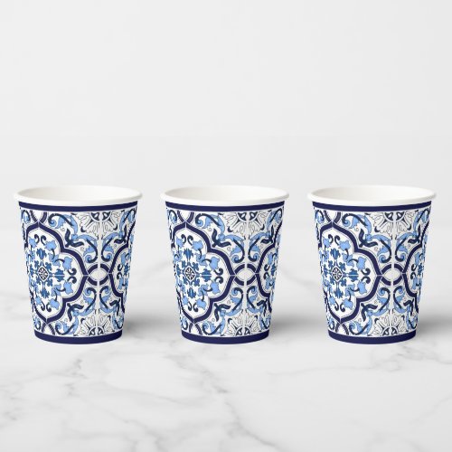  Blue Ornate Floral Mediterranean Sicilian Tile Paper Cups