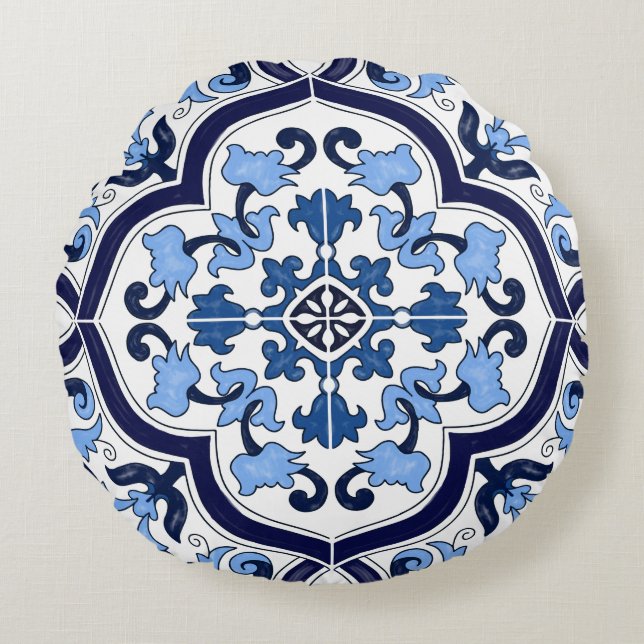 Blue Ornate Floral Mediterranean Sicilian Tile Round Pillow (Front)
