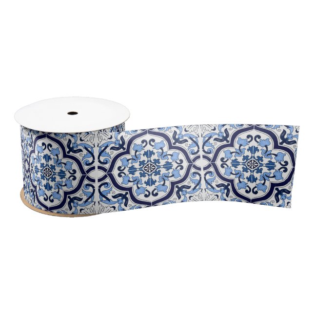  Blue Ornate Floral Mediterranean Sicilian Tile Satin Ribbon (Spool)