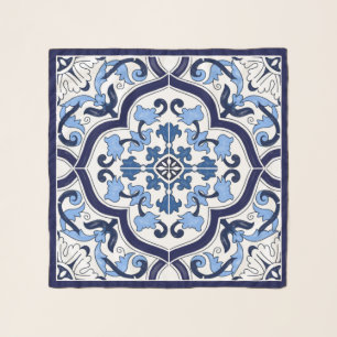 Blue Ornate Floral Mediterranean Sicilian Tile Scarf