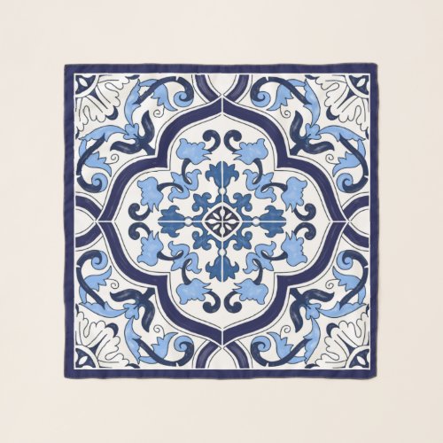 Blue Ornate Floral Mediterranean Sicilian Tile Scarf