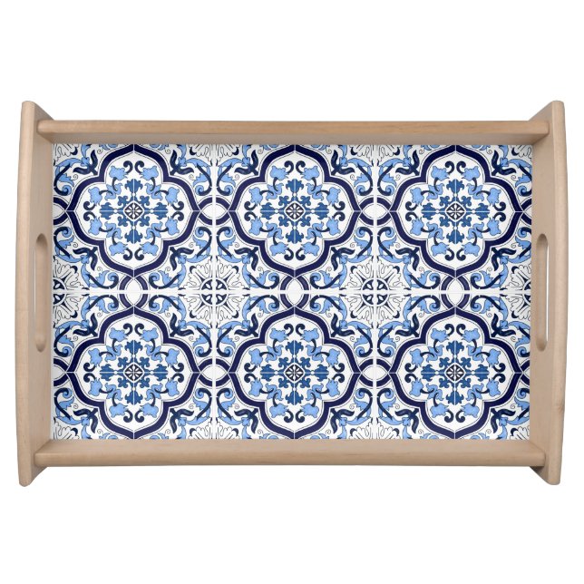  Blue Ornate Floral Mediterranean Sicilian Tile Serving Tray (Front)