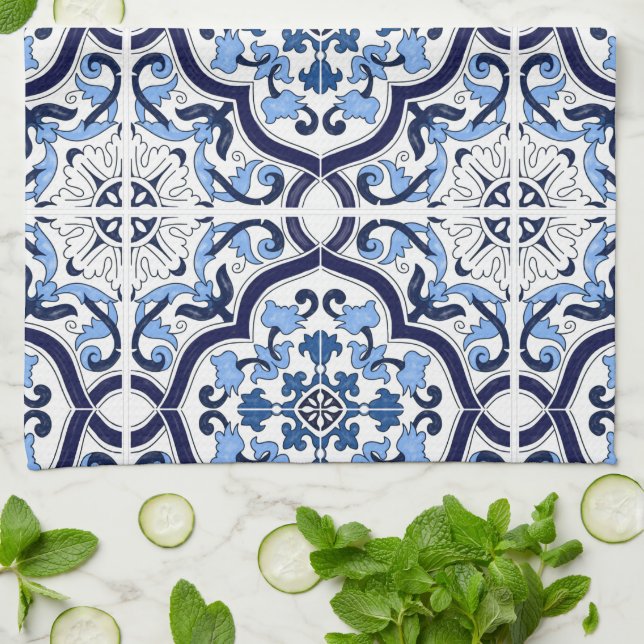  Blue Ornate Floral Mediterranean Sicilian Tile Sh Kitchen Towel (Folded)