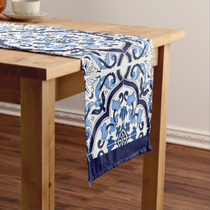 Blue Ornate Floral Mediterranean Sicilian Tile Short Table Runner