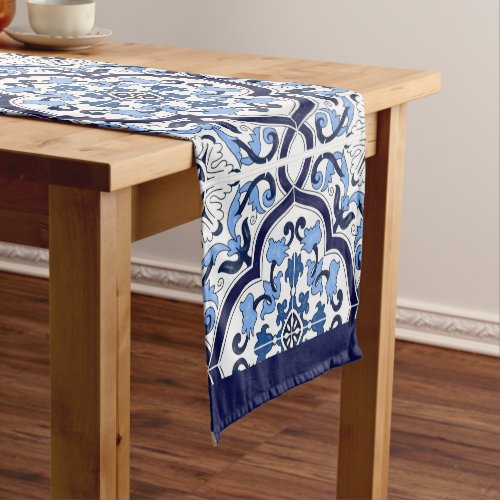  Blue Ornate Floral Mediterranean Sicilian Tile Short Table Runner