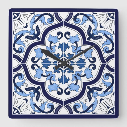 Blue Ornate Floral Mediterranean Sicilian Tile Square Wall Clock