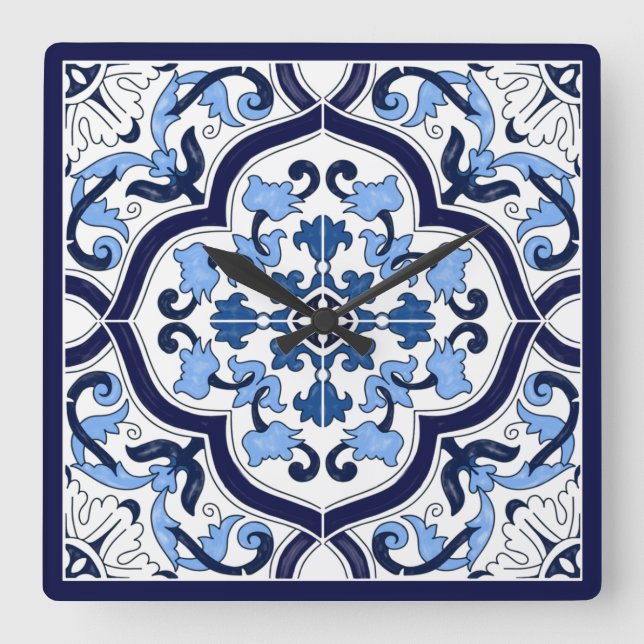 Blue Ornate Floral Mediterranean Sicilian Tile Square Wall Clock (Front)