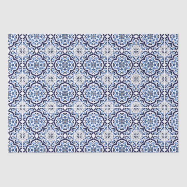  Blue Ornate Floral Mediterranean Sicilian Tile Tissue Paper (Front)