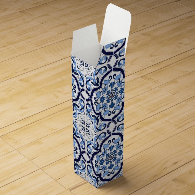  Blue Ornate Floral Mediterranean Sicilian Tile Wine Box (Opened)