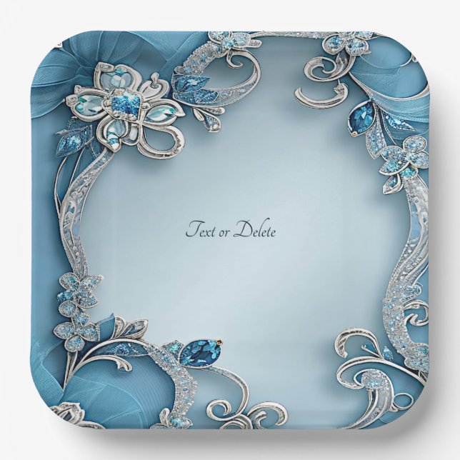 Blue Ornate Floral Paper Plate (Front)