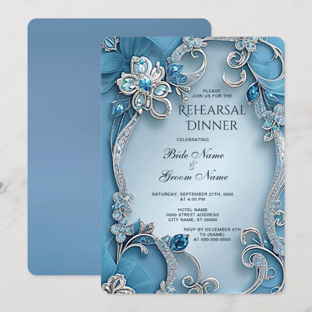 Blue Ornate Floral Rehearsal Dinner Invitation (Front/Back)