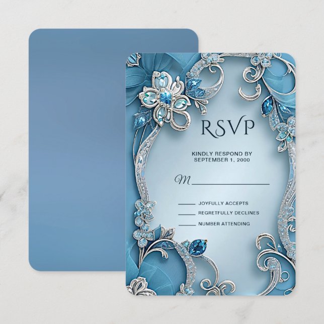 Blue Ornate Floral RSVP Card (Front/Back)