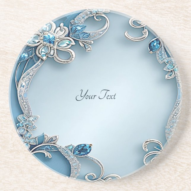 Blue Ornate Floral Sandstone Coaster (Front)