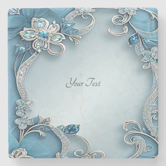 Blue Ornate Floral Stone Coaster (Front)