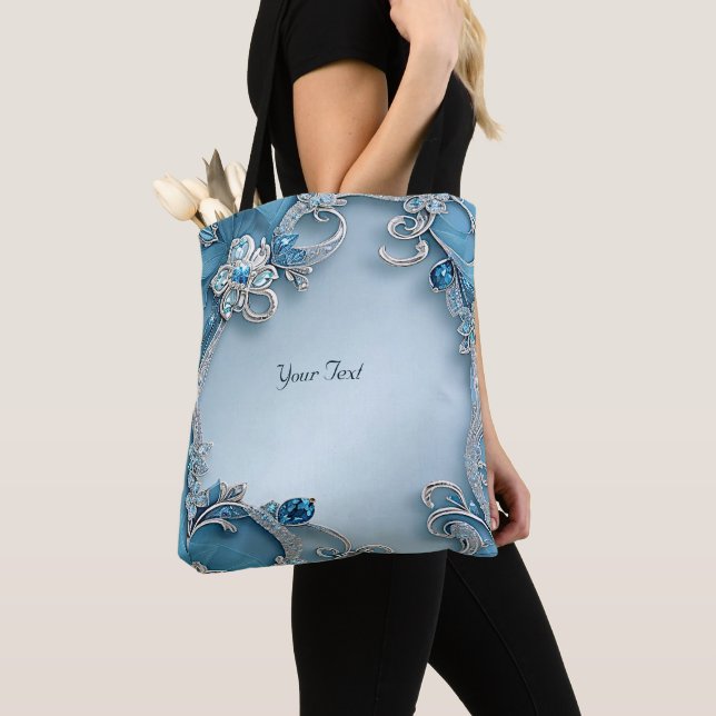 Blue Ornate Floral Tote Bag (Close Up)