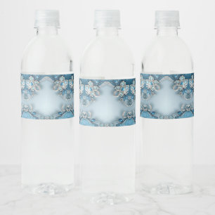 Blue Ornate Floral Water Bottle Label