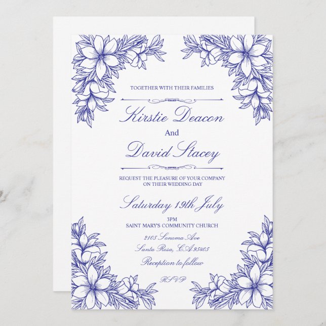 Blue Ornate Floral Wedding Invitation   (Front/Back)