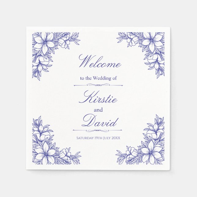 Blue Ornate Floral Wedding Napkins (Front)