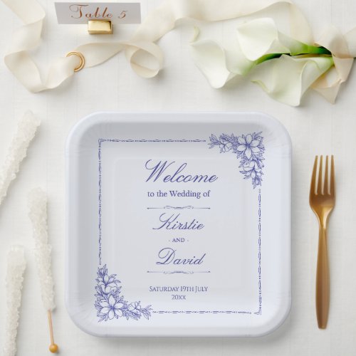 Blue Ornate Floral Wedding Paper Plates