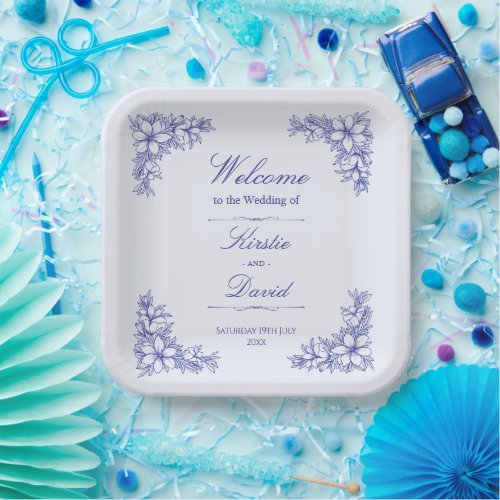 Blue Ornate Floral Wedding Paper Plates