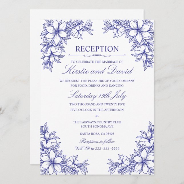 Blue Ornate Floral Wedding Reception Invitation (Front/Back)