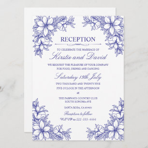 Blue Ornate Floral Wedding Reception Invitation