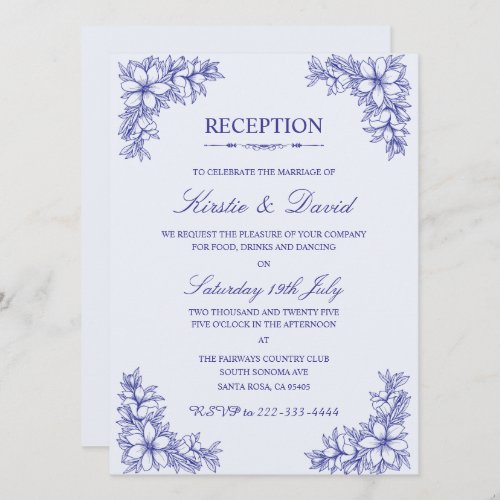Blue Ornate Floral Wedding Reception Invitation