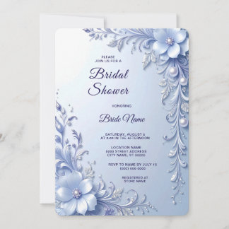 Blue Ornate Flowers with Pearls Bridal Shower Invi Invitation