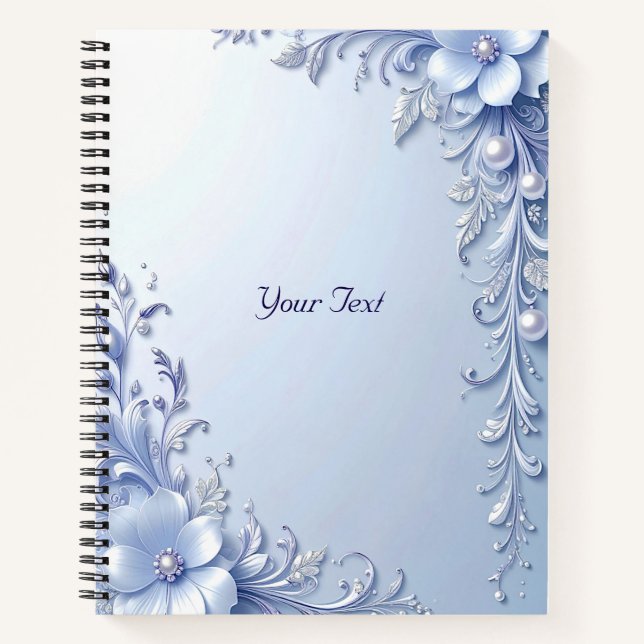Blue Ornate Flowers with Pearls Notebook (Front)