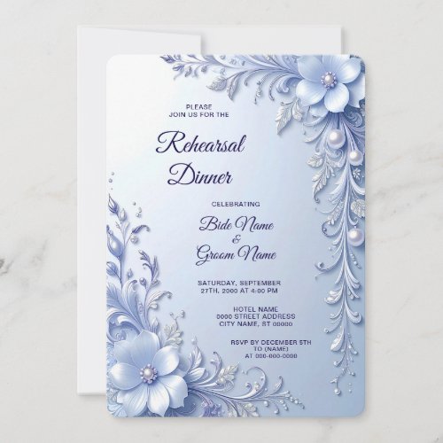 Blue Ornate Flowers with Pearls Rehearsal Dinner Invitation