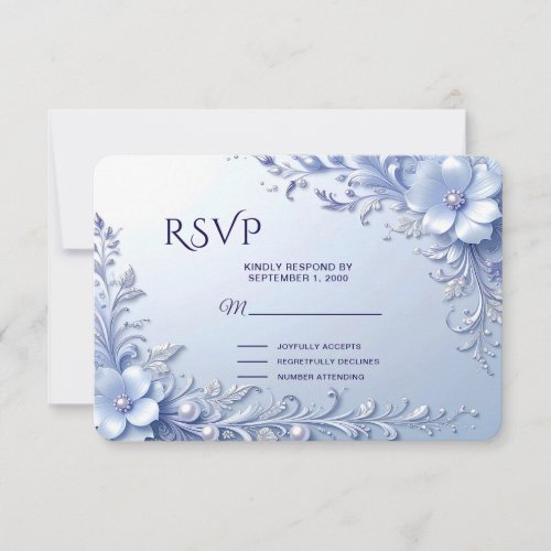 Blue Ornate Flowers with Pearls RSVP Card
