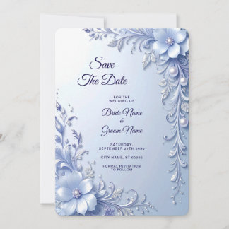 Blue Ornate Flowers with Pearls Save The Date