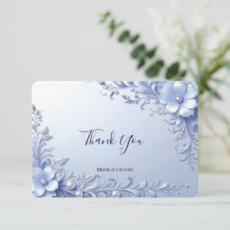 Blue Ornate Flowers with Pearls Thank You Card