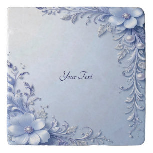 Blue Ornate Flowers with Pearls Trivet