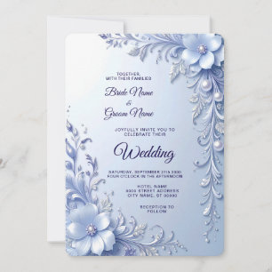 Blue Ornate Flowers with Pearls Wedding Invitation