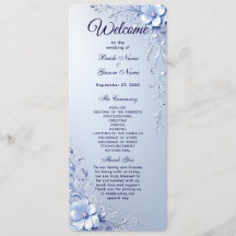 Blue Ornate Flowers with Pearls Wedding Program