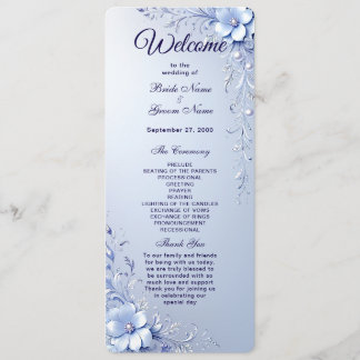 Blue Ornate Flowers with Pearls Wedding Program